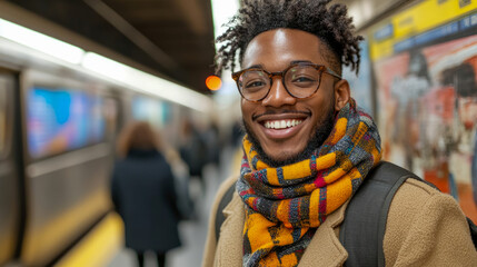 A joyful young man stands at a busy subway station, warmly dressed in a colorful scarf, enjoying the lively atmosphere around him