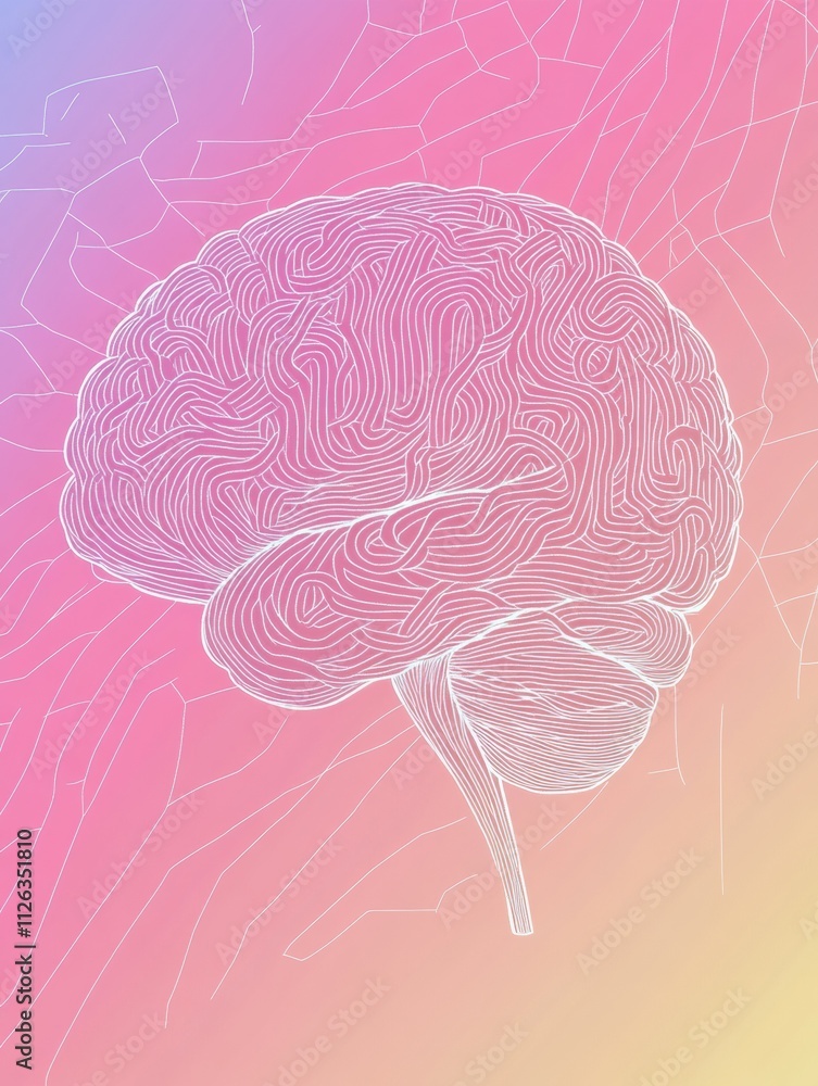 Poster doodle illustrates a human brain using delicate white lines on a gradient background, providing a bl