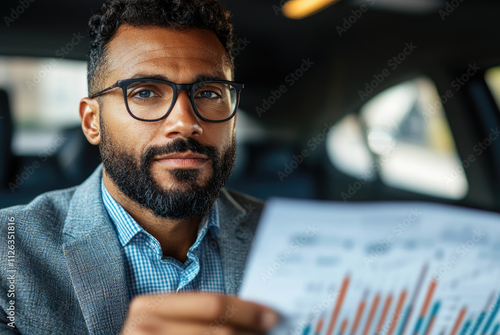 Poster a man in a suit reviews financial graphs and charts while sitting in a car, focused and deep in thou