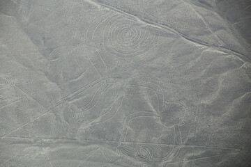 Aerial view of Nazca Lines - Monkey geoglyph, Peru.
