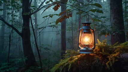Illuminated Lantern in a Misty Forest.