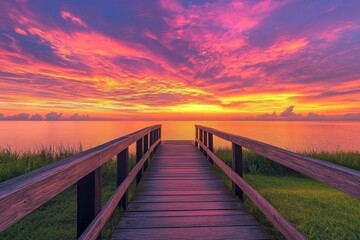 Obraz premium A wooden bridge spans a body of water with a beautiful sunset in the background