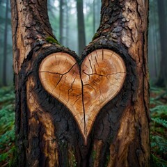 A heart carved into the bark of an old tree, surrounded by an enchanting misty forest.