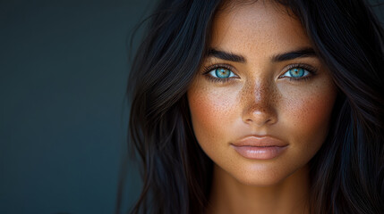 Fototapeta premium Young woman gazes intensely with beautiful blue eyes, showcasing her natural beauty and delicate freckles illuminated by soft lighting
