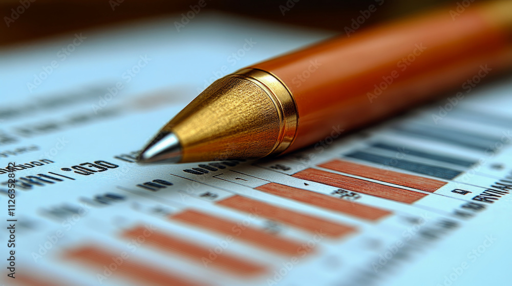 Poster a close-up view of a financial report highlighting bar graphs and metrics, with an orange pen for no