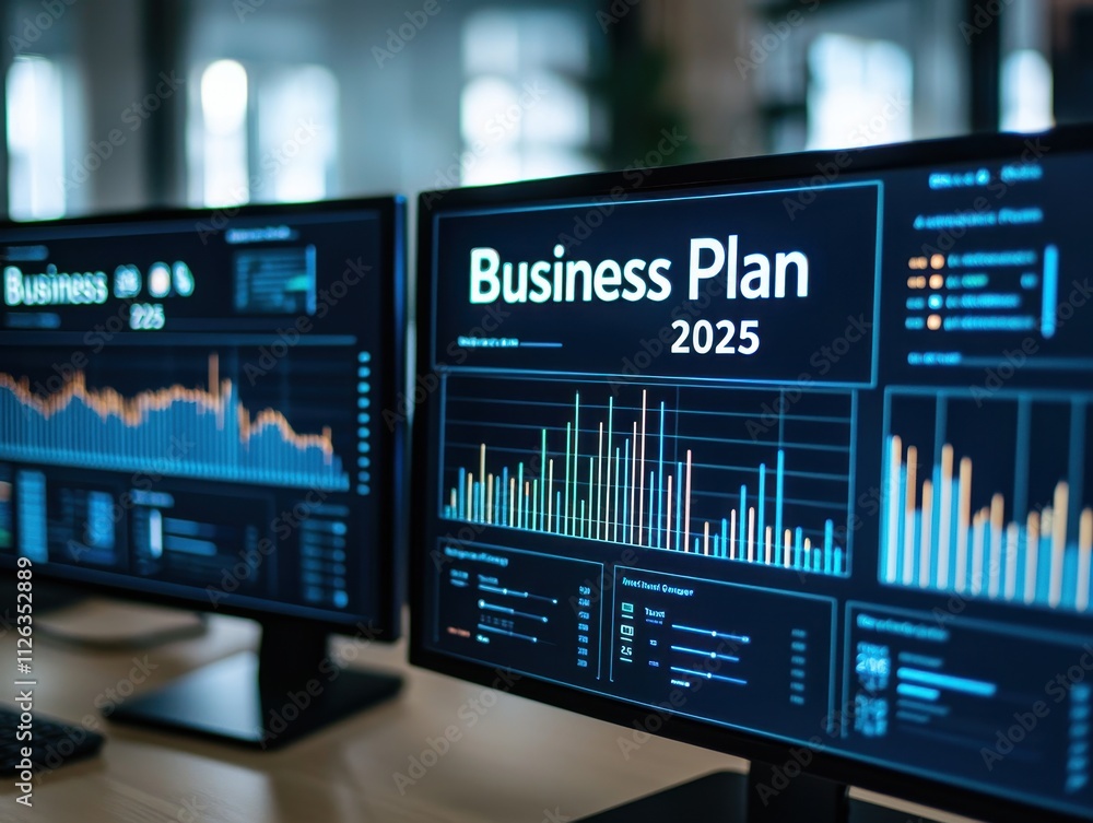 Poster screens displaying a business plan with charts and graphs for 2025 strategy analysis.
