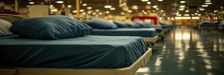 Empty hospital beds are lined up in a well-lit ward, showcasing a clean environment ready for patients