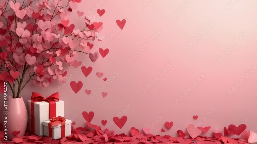 Poster a vase with a red bow and a white box with a red ribbon sits on a table. the table is covered in red