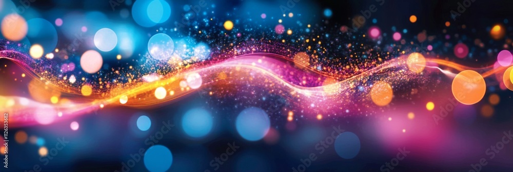 Poster abstract digital art with vibrant colorful circles on dark blue background creating futuristic techn