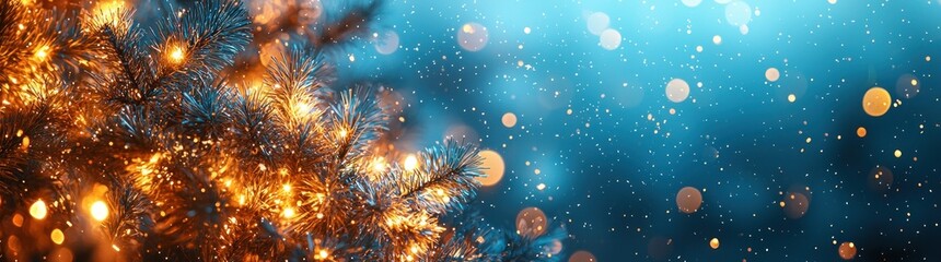 Fototapeta premium Christmas ornaments and pine branches with glowing festive lights on a sparkling winter background Generative AI