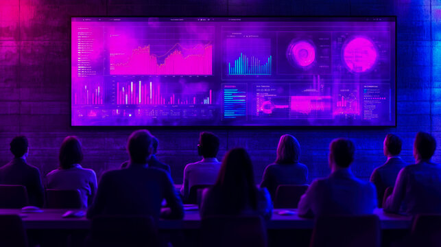 Participants engage in an informative session on data analysis, captivated by vibrant visual presentations displayed on a large screen