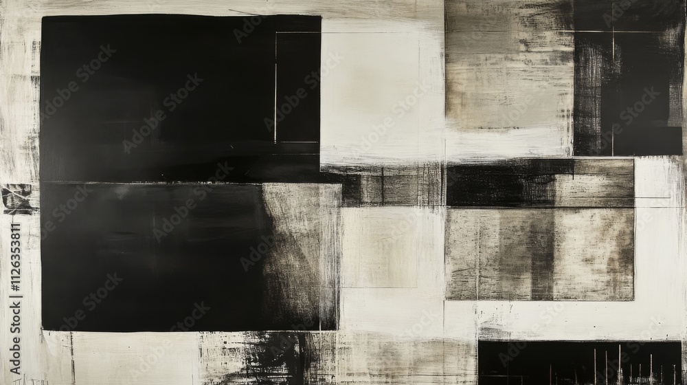 Poster abstract black and white painting with grid pattern and focal point square in center on white backgr