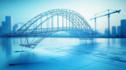 Obraz premium Serene 3D Rendering of Curved Metal Bridge Over Water with Architectural Drawings in Cityscape Background