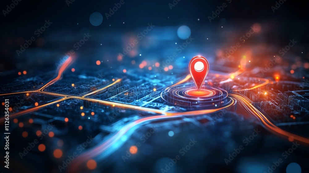 Poster city map in circular shape with red pin, bokeh effect, and futuristic color scheme on dark blue back