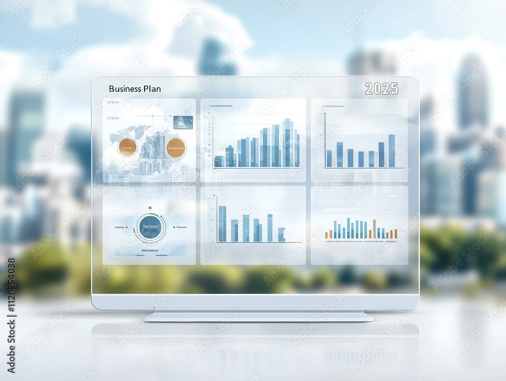 Poster modern computer screen displaying business analytics and charts against a city skyline backdrop.
