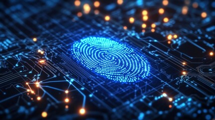 Close-up blue fingerprint on circuit board with lines, dots, digital technology concept on dark background