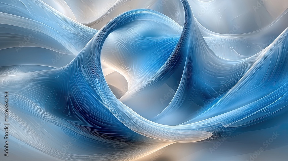 Poster fluid patterns of blue and white create a serene abstract display in a light-filled space