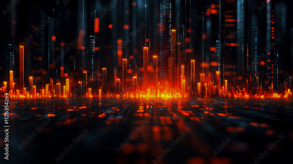 Poster a vibrant display of orange and red lights representing data points creates an abstract city skyline