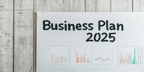 Business plan document with graphs and projections for 2025 on a wooden surface.