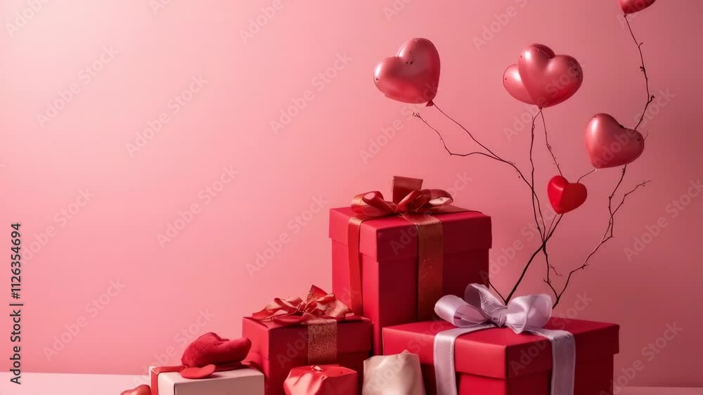 Poster a pink background with a stack of red boxes and balloons. the balloons are heart shaped and the boxe