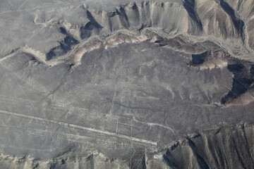 Aerial view of Nazca Lines - Hummingbird geoglyph, Peru.