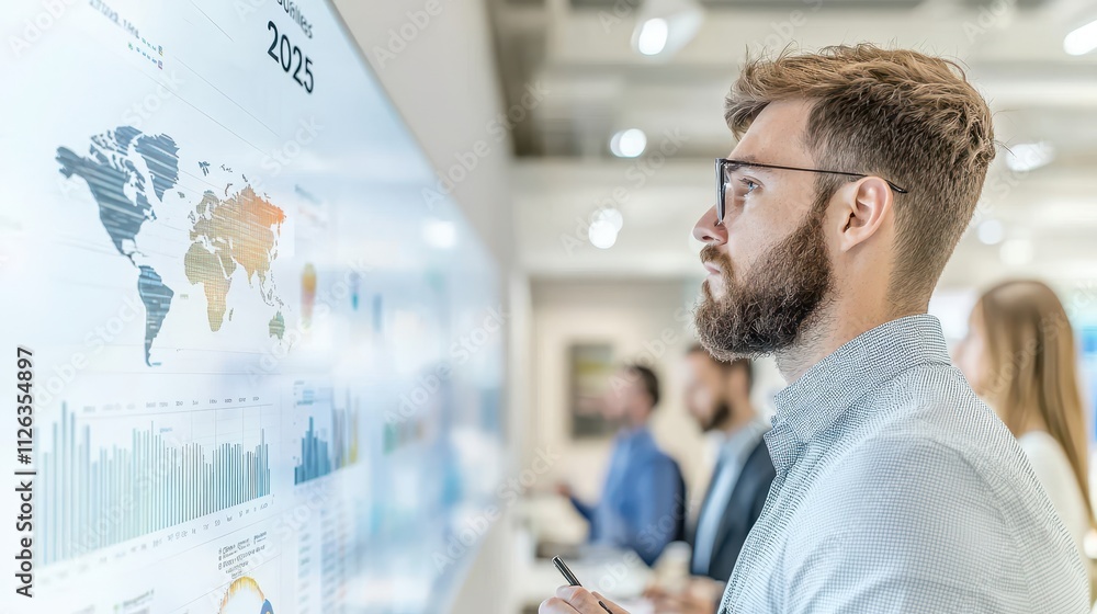 Poster a man analyzes data on a large screen in a modern office environment.