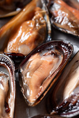 Cruditè di cozze, frutti di mare freschi, cibo mediterraneo 