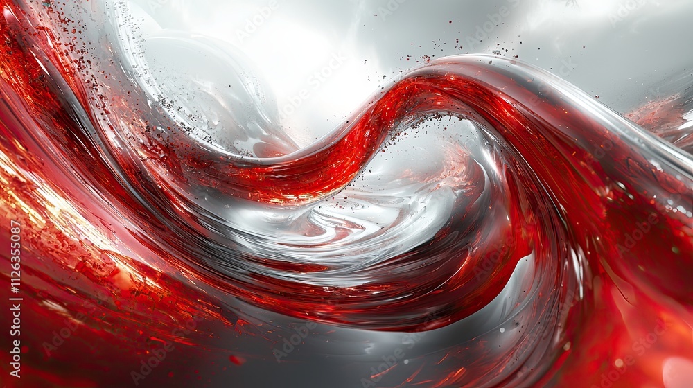 Poster fluid abstract design showcasing red and silver waves in a dynamic swirl