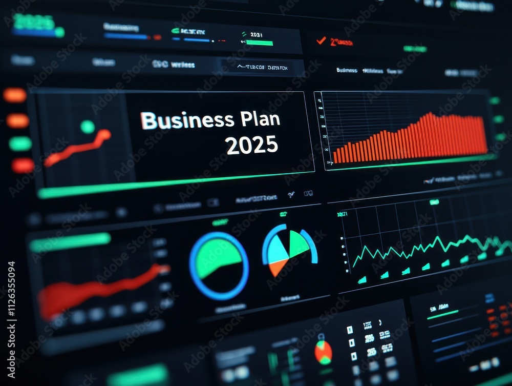 Poster business dashboard displaying data visualizations for a 2025 business plan.