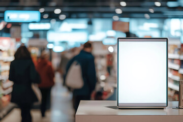 Blank digital screen mockup for advertisement, placed near the checkout counter in a modern supermarket, with visible shoppers in the blurred background