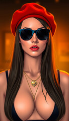 A stylish woman wearing a red beret, black sunglasses, and a heart-shaped necklace, exuding Parisian-inspired charm and bold confidence.