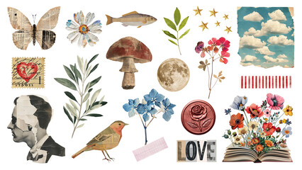PNG vintage ephemera scrapbook collage  design element set, transparent background