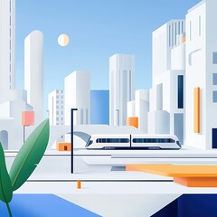 A cityscape with a train in the middle of it