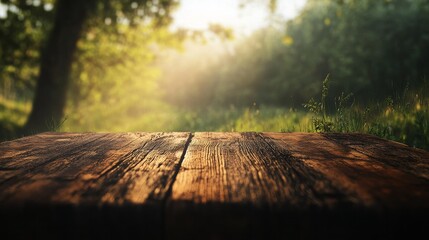 Rustic Wooden Surface Outdoors, Nature Scene with Trees, Sunlit Background