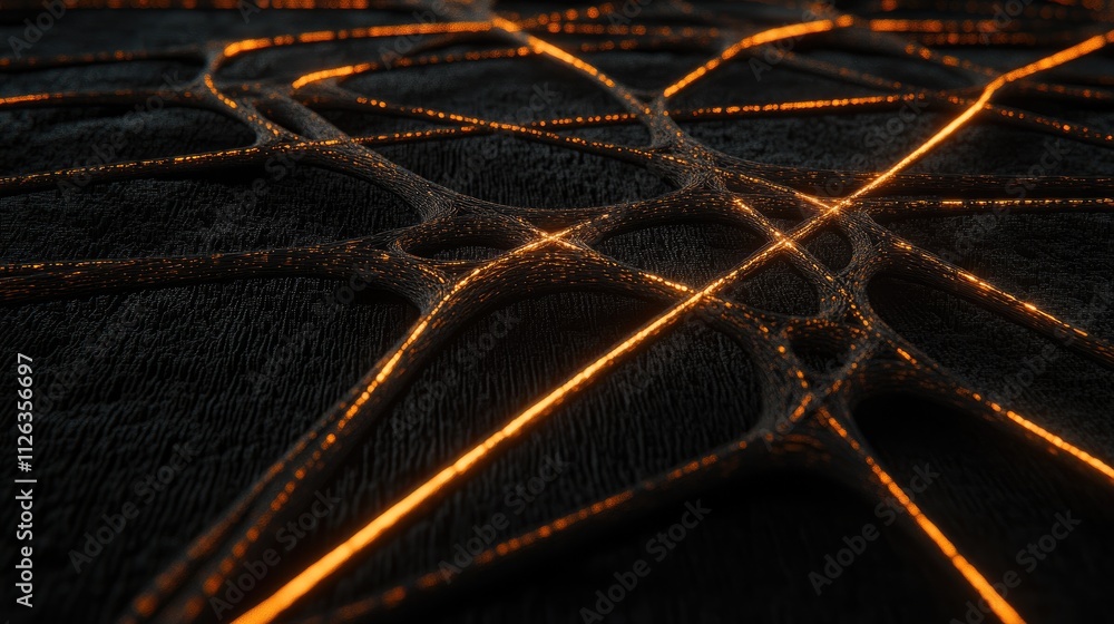 Poster a close-up of a luminous orange virus particle with bokeh effects in a dark scientific background.