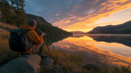 Fototapeta premium Photographer capturing a stunning sunrise over tranquil lake