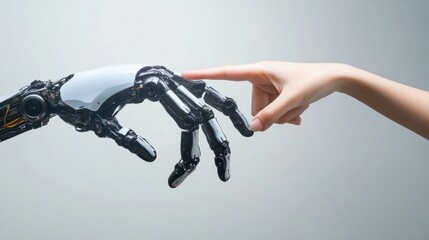 Robotic hand reaching out to shake a human hand in a symbolic gesture of unity