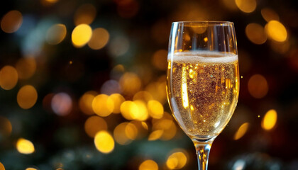 Elegant close-up of champagne with golden bubbles, sparkling festive lights.

