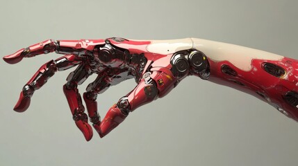 Robotic hand with red highlights extended in a symbolic futuristic gesture