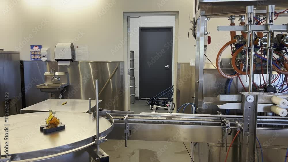 Poster automated bottling system for maple syrup in a clean industrial environment, showcasing precision fi