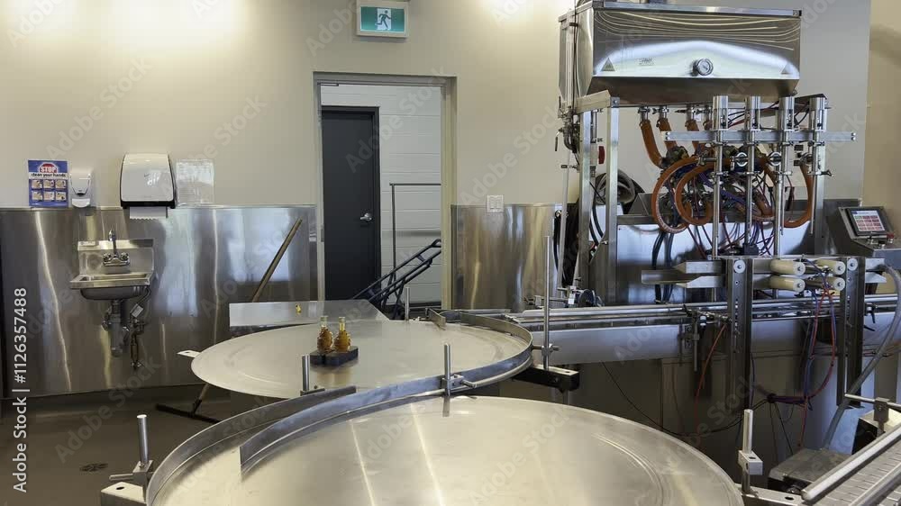 Poster close-up of an automated bottling line for maple syrup in a modern indoor factory, featuring precisi