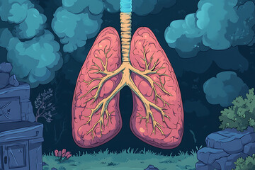 A stylized illustration of lungs with branching bronchi amid a mystical forest background.