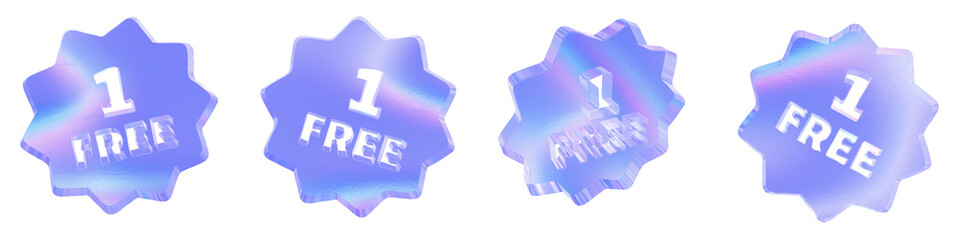 Set of 4 3d glass one free tag shape with aberration effect isolated on a transparent background. Blue tone. 3d transparent elements for graphic design.