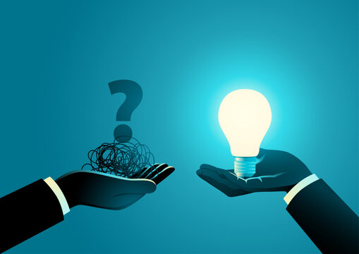 Hand offering light bulb to another hand holding tangled thread with question mark. Problem solving, guidance, innovative solutions, teamwork, mentoring, creative thinking
