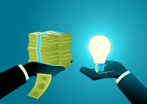 Hand offering a stack of money to another hand holding a glowing light bulb, symbolizing hiring an expert to find innovative solutions. Investment, consultancy, business growth, and intellectual value
