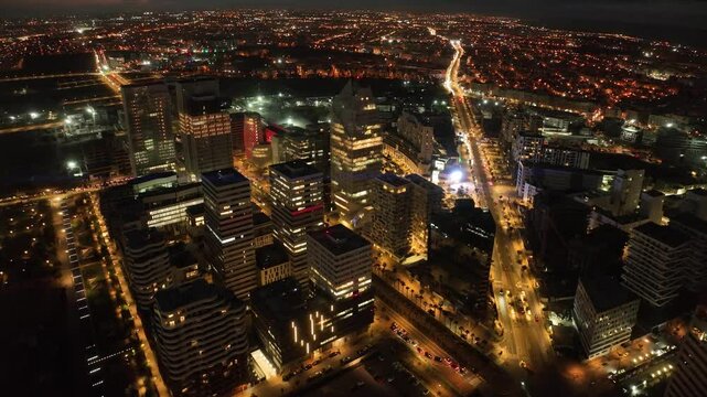 ighttime drone shot of CFC showcasing skyscrapers, illuminated streets, and traffic. This 4K footage captures Morocco&rsquo;s financial hub and its role in Africa&rsquo;s urban and economic growth.