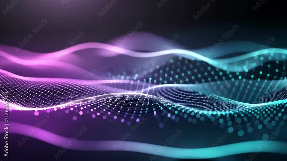 Poster abstract wave pattern with glowing particles against a dark background.
