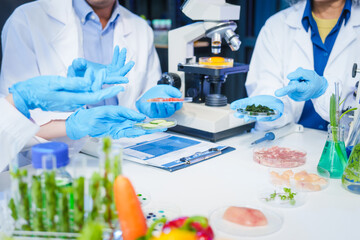 Fototapeta premium A male scientist and two women conduct plant research in a laboratory. microscopes, petri dishes,test tubes to analyze genetically modified plants, food, meat, eggs,vegetables for nutritional value