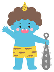かわいい青鬼のベクターイラスト。節分、角、金棒