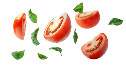 Vibrant Tomato Basil Splash Juicy Slices, Leafy Greens, Abstract Background